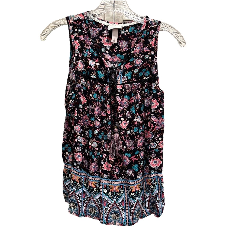 Knox Rose Boho Black/Pink Floral Sleeveless Tie/Tassel Neck Crochet Top Size S